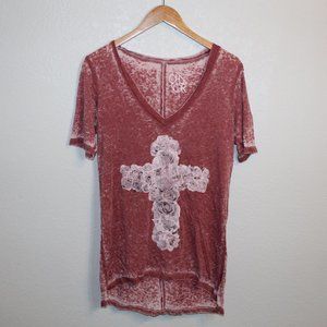 NWT CHASER Small Red Burnout Cross Roses T-Shirt